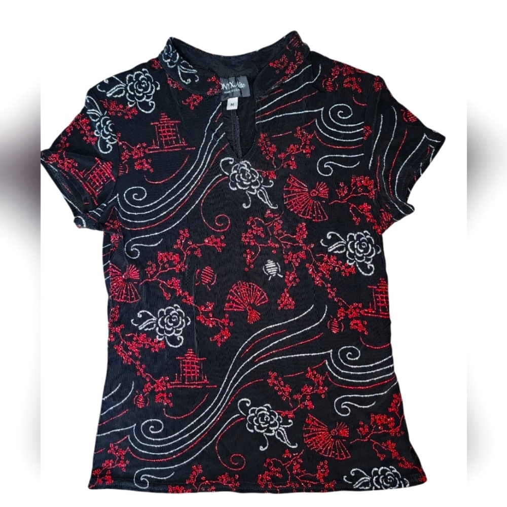 Onyx Nite Black Short-Sleeve Asian-Inspired Floral & Fan Print Top